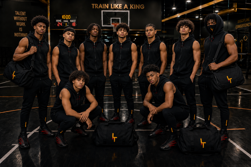 A group of ten male athletes in matching black athletic wear and carrying black duffel bags with a yellow logo, posed together in a dark gym interior with basketball court markings and a wall reading 'TRAIN LIKE A KING'.