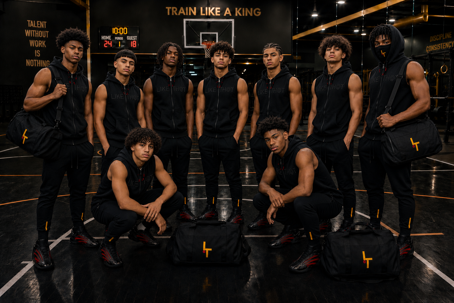 A group of ten male athletes in matching black athletic wear and carrying black duffel bags with a yellow logo, posed together in a dark gym interior with basketball court markings and a wall reading 'TRAIN LIKE A KING'.